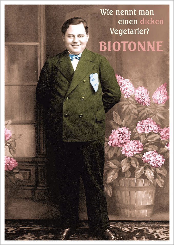 Lustige Postkarte: 'Vegetarier & Biotonne' - Humorvolle Vintage Retro - Scherzkarte für Satire & Spaß