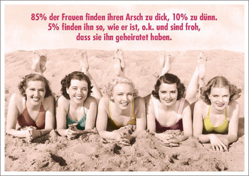 Lustige Postkarte - Vintage Humor für Frauen, Selbstironie über Figur, Retro Bademode, witziges Geschenk mit Spruch für Spaß & Freundschaft