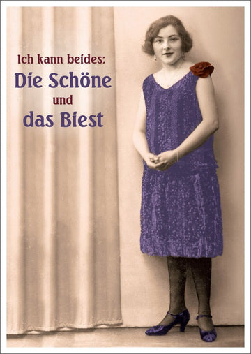 Lustige Postkarte - Vintage Satire "Von Schönheit & Biest", Retro Humor für Frauen, Witziges Geschenk