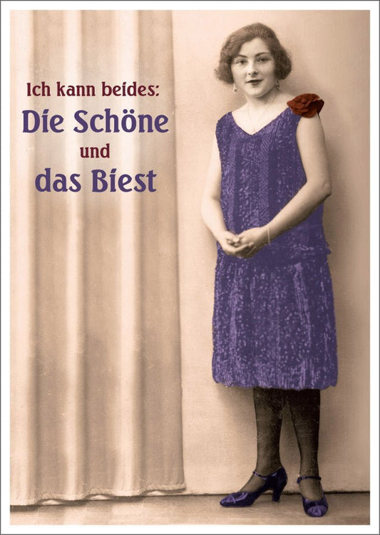 Lustige Postkarte - Vintage Satire "Von Schönheit & Biest", Retro Humor für Frauen, Witziges Geschenk