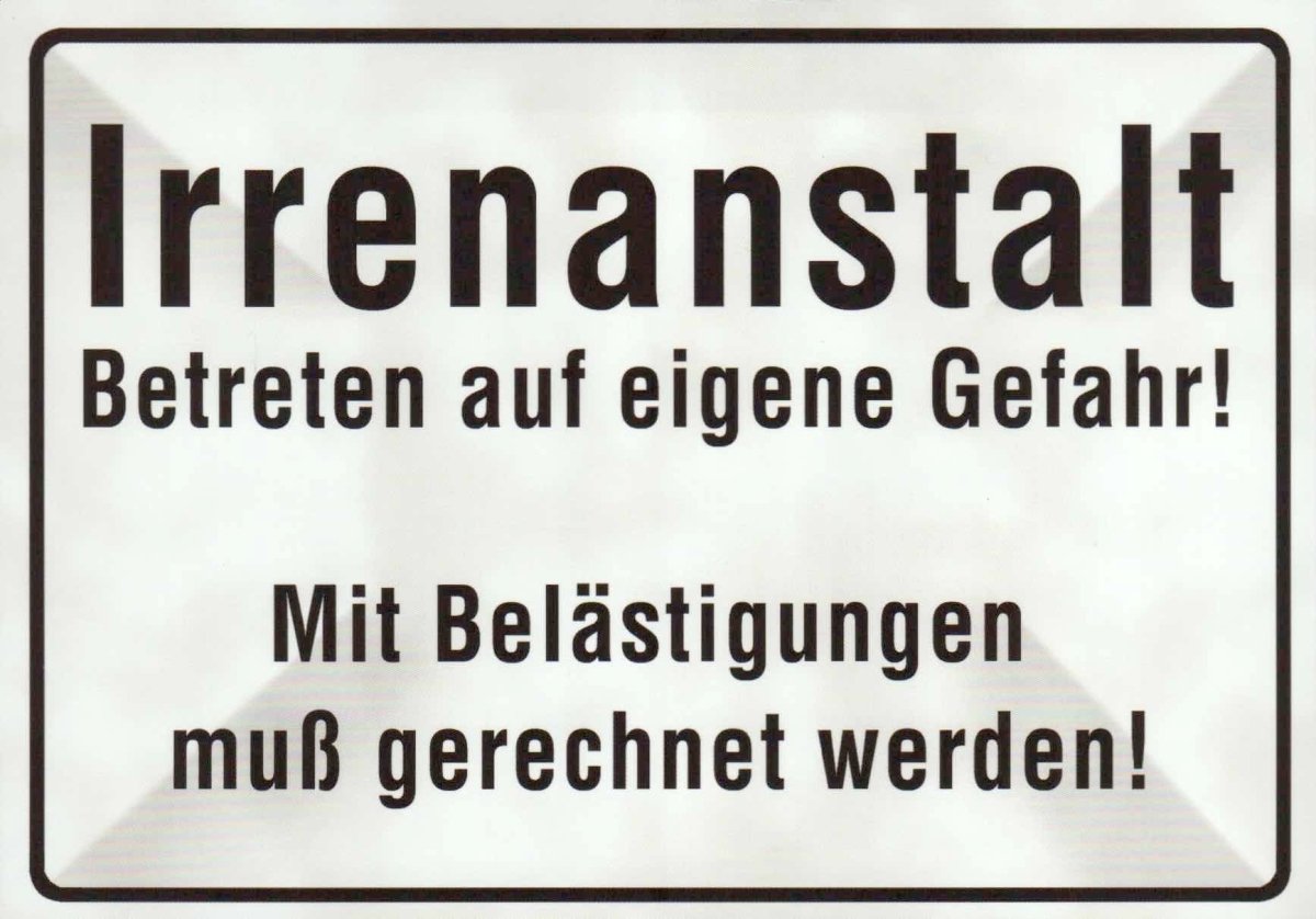 Lustige Postkarte - "Willkommen in der Irrenanstalt" mit schwarzem Humor, witziges Geschenk für Büro & Türschild, ideal für humorvolle Anlässe