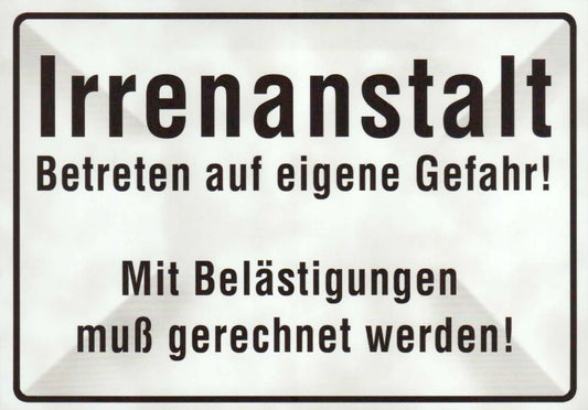 Lustige Postkarte - "Willkommen in der Irrenanstalt" mit schwarzem Humor, witziges Geschenk für Büro & Türschild, ideal für humorvolle Anlässe