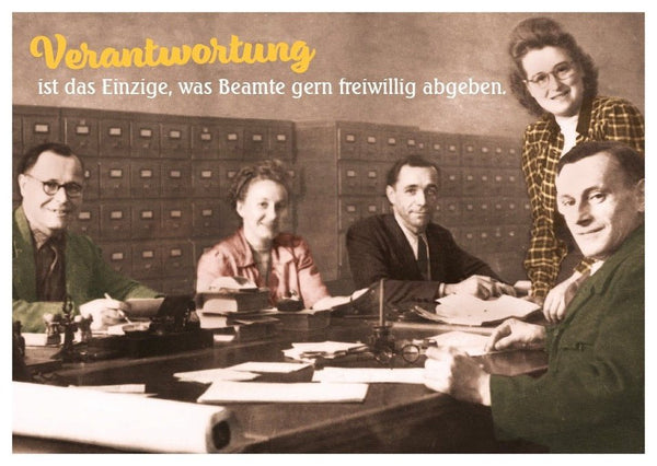 Lustige Postkarte zum Abschied - Vintage Bürohumor & Beamtenwitze in Sepia, Ironisches Geschenk für Kollegen