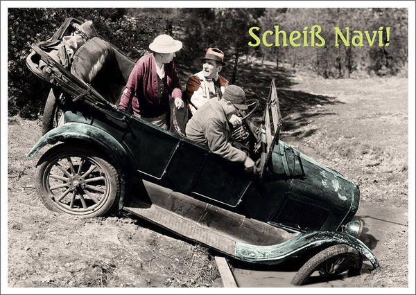 Lustige Postkarte zum Schmunzeln: Scheiß Navi! Perfekt für humorvolle Grüße und Lacher.