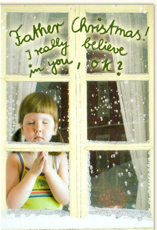 Lustige Weihnachtskarte - Humorvoller Weihnachtsmann, Kinder im Schnee, Glitzernde Wunschliste am Fenster
