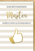 Masterprüfungs-Glückwunschkarte - Stilvolle Abschlusskarte in Gold & Weiß mit Daumen Hoch Symbol, Ideal für Uni- und Hochschulabsolventen