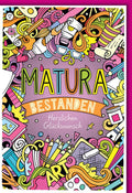 Maturakarte Bunt – Kreatives Kunstdesign mit fröhlichen Symbolen und Schriftzug