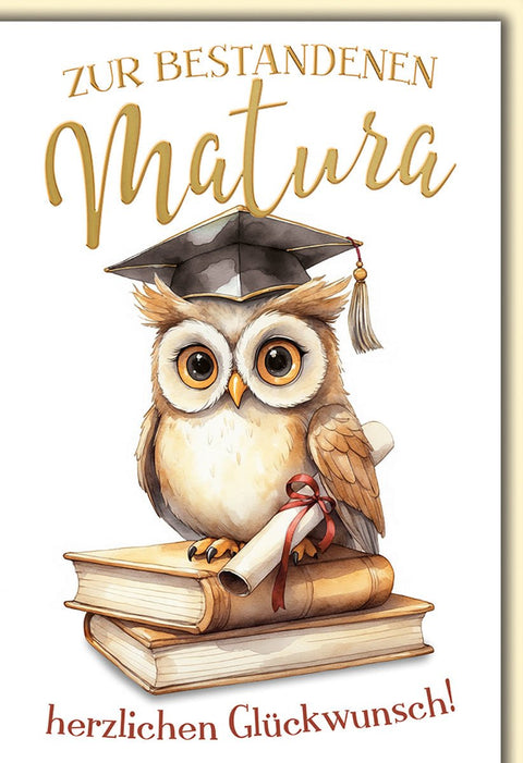 Maturakarte Eule – Weise Eule mit Doktorhut auf Büchern und Diplom in Aquarelloptik