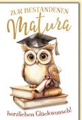 Maturakarte Eule – Weise Eule mit Doktorhut auf Büchern und Diplom in Aquarelloptik