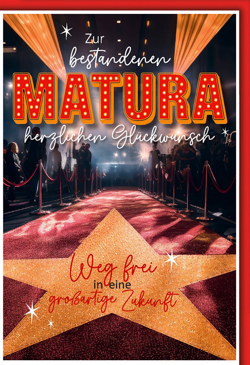 Maturakarte Glamourös – Roter Teppich mit Stern und leuchtenden Schriftzügen