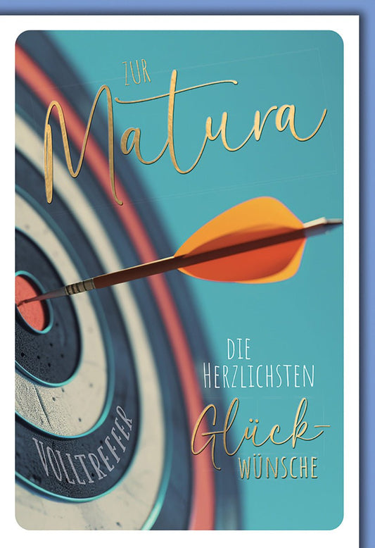 Maturakarte Glückwünsche – Zielscheibe mit Pfeil und goldener Schrift im modernen Design