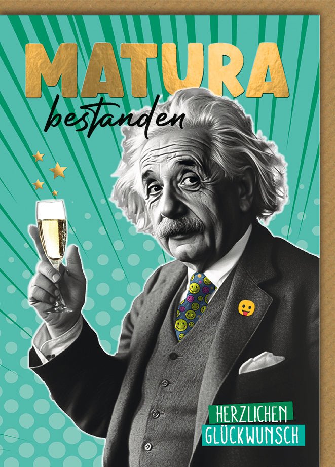 Maturakarte Humorvoll – Einstein mit Sektglas und Emoji - Knopf in Retro - Stil