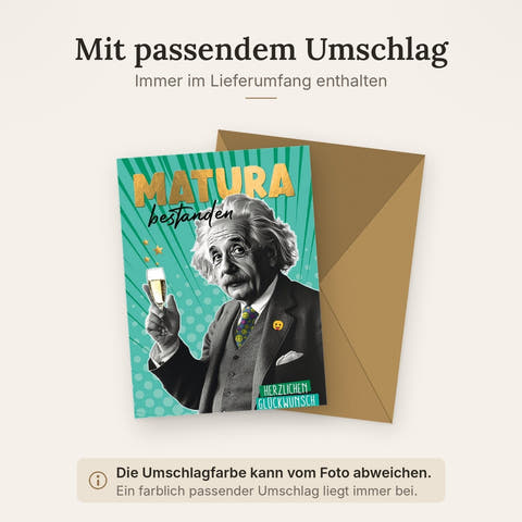 Maturakarte Humorvoll – Einstein mit Sektglas und Emoji-Knopf in Retro-Stil