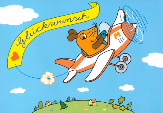 Maus - Postkarte Flugzeug Herzlichen Glückwunsch