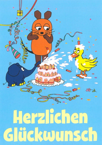 Maus - Postkarte Herzlichen Glückwunsch Torte Elefant