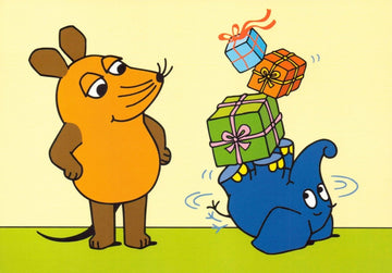 Maus - Postkarte Maus mit Elefant und Geschenken