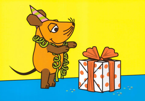 Maus - Postkarte Maus mit Geschenk