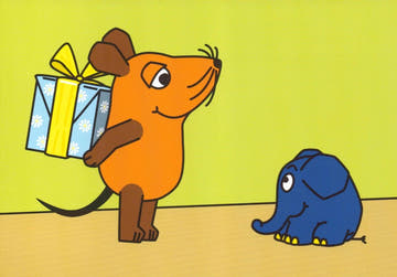 Maus - Postkarte Maus mit Geschenk und Elefant
