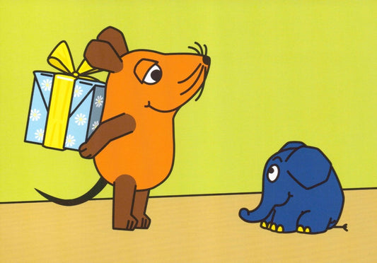 Maus - Postkarte Maus mit Geschenk und Elefant