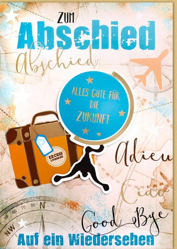 Maxi Abschiedskarte XXL A4 - Globus & Koffer Motiv für Weltreise, Neuanfang & Farewell - Zukunftswünsche & Goodbye Verabschiedung