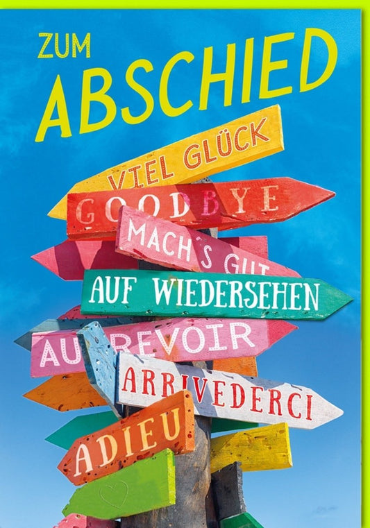 Maxi XXL Abschiedskarte A4 - Bunte Wegweiser in vielen Sprachen, Große Grußkarte für den Abschied