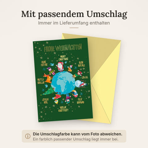 Mehrsprachige Weihnachtsgrußkarte mit Globus-Motiv: Festliche Szenen in Goldfolie
