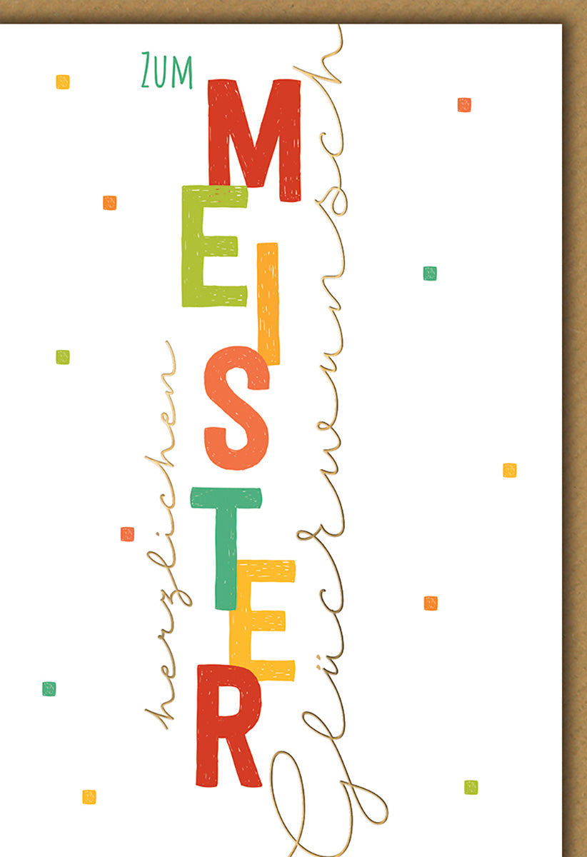 Prüfungskarte Meister – Bunte Buchstaben im modernen Design mit Glückwunschtext