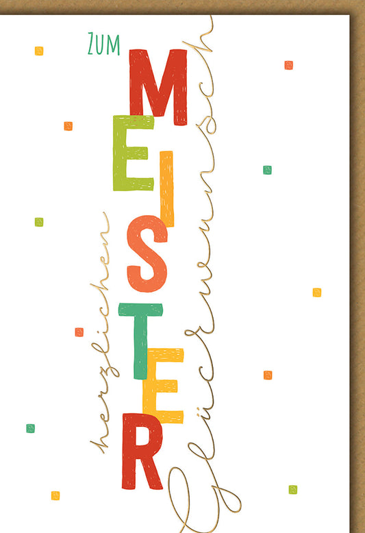 Prüfungskarte Meister – Bunte Buchstaben im modernen Design mit Glückwunschtext