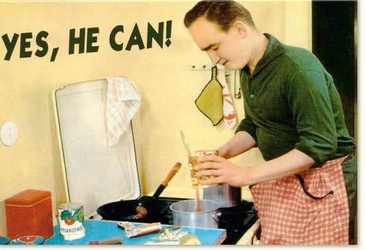 Motivationskarte für Männer - "Yes He Can" mit Humorvollem Spruch, Retro Vintage Design für Küchenchefs und Kochliebhaber
