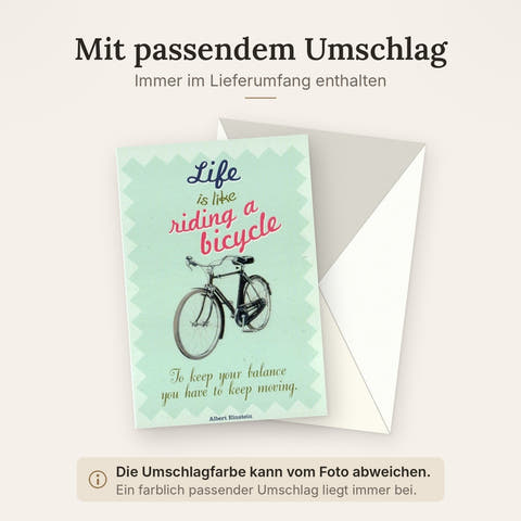 Motivationskarte mit Einstein-Zitat "Leben ist wie Fahrradfahren" – Retro Design für inspirierende Grüße und Papeterie Geschenkidee