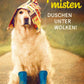 Motivationspostkarte mit Hund & Regen - Humorvoller Spruch 'Optimisten & Pessimisten', inspirierend für Wetterliebhaber
