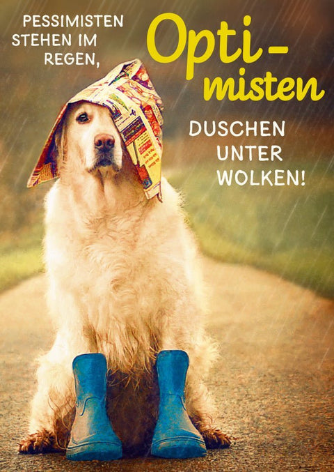 Motivationspostkarte mit Hund & Regen - Humorvoller Spruch 'Optimisten & Pessimisten', inspirierend für Wetterliebhaber