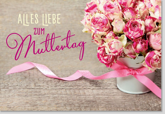 Muttertagskarte: Blumenstrauß in Rosa & Pink, Vintage - Stil auf Holz – Herzliche Grüße für die beste Mama voller Frühlingszauber