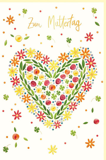 Muttertagskarte mit Herz & Blumen - Elegante Grußkarte in Goldfolie, Liebevolle Wünsche für Mama