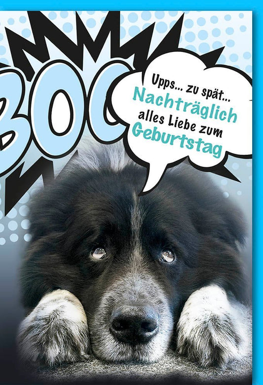 Nachträgliche Geburtstagskarte Hund – Humorvolle Comic - Karte mit Spruch für Tier - und Hundefreunde, Blau