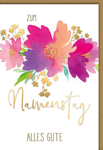 Namenstagskarte Blumen – Bunte Aquarellblüten mit goldenen Akzenten und Schriftzug