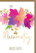 Namenstagskarte Blumen – Bunte Aquarellblüten mit goldenen Akzenten und Schriftzug