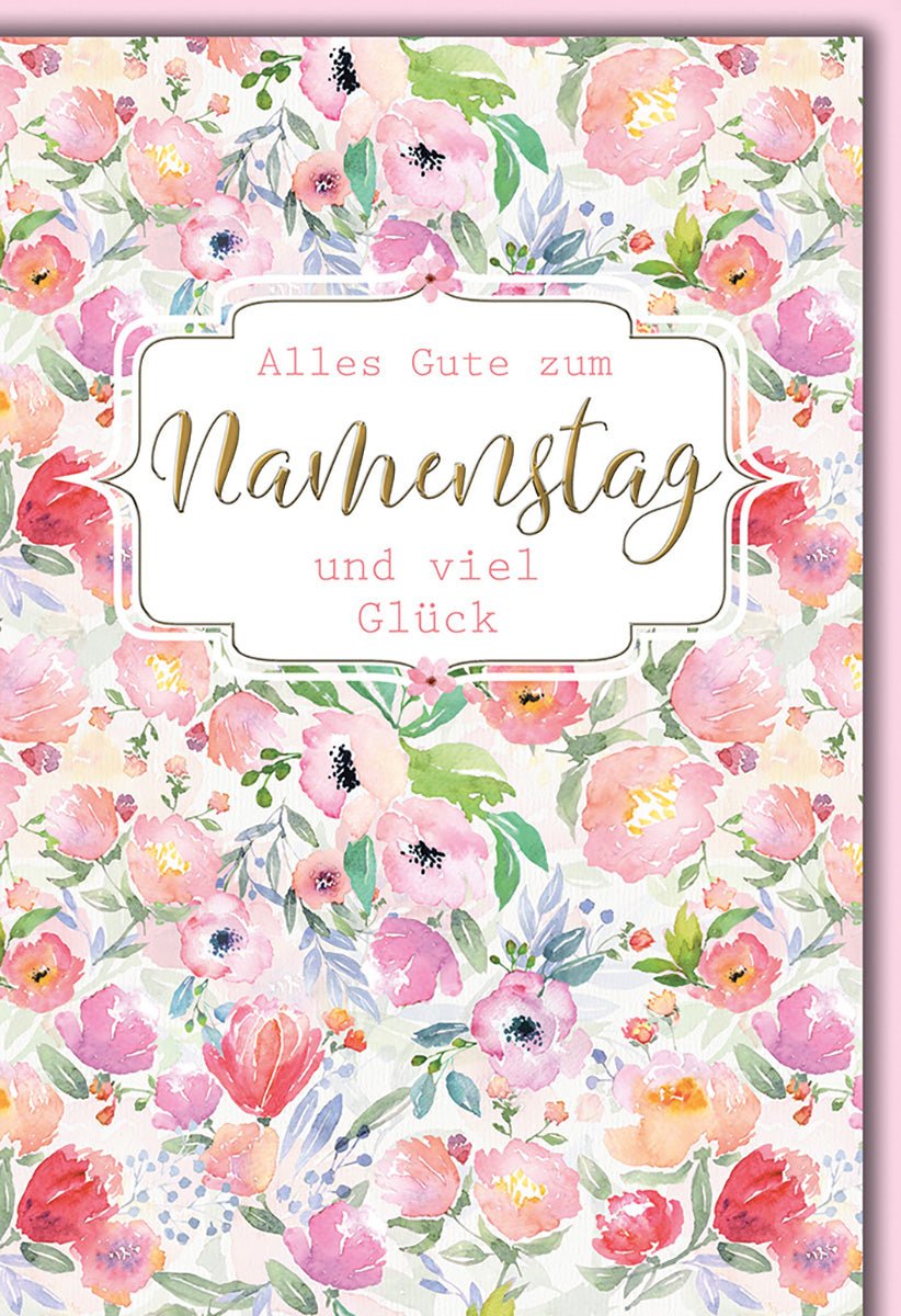 Namenstagskarte Blumen – Bunte Aquarellblüten mit Goldschrift und Glückwünschen