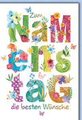 Namenstagskarte Blumen – Bunte Buchstaben mit Schmetterlingen und floralen Akzenten