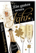 Neujahrskarte Champagner – Goldene Sektflaschen mit Spritzern und Glückwünschen