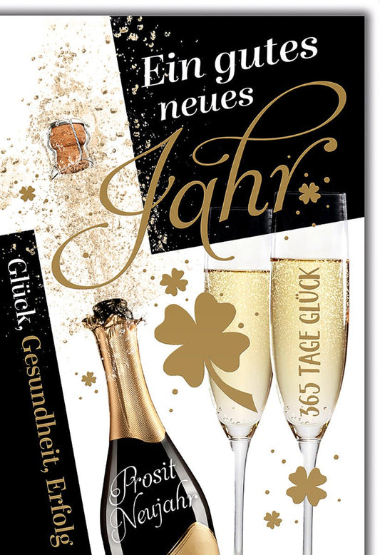 Neujahrskarte Champagner – Goldene Sektflaschen mit Spritzern und Glückwünschen
