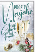 Neujahrskarte – Champagnergläser mit Tannenzweigen und festlichem Glanz