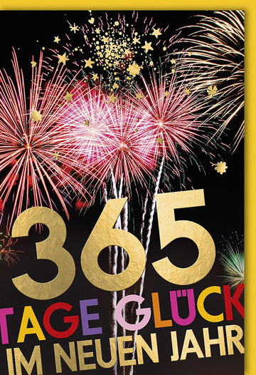 Neujahrskarte Feuerwerk – Goldene Zahlen mit buntem Feuerwerk und Glückswünschen