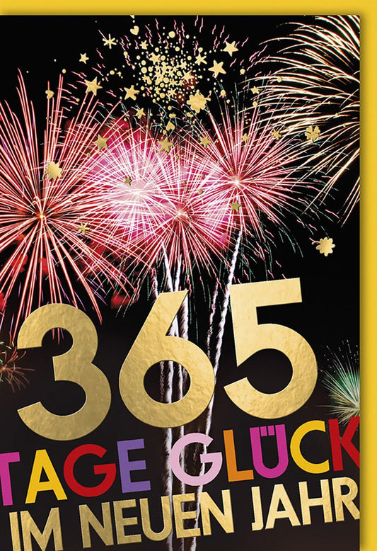 Neujahrskarte Feuerwerk – Goldene Zahlen mit buntem Feuerwerk und Glückswünschen