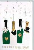 Neujahrskarte – Glanzvolle Feier Cheers | Sektflaschen & Wunderkerzen Design in Gold & Grün für festliche Neujahrsgrüße