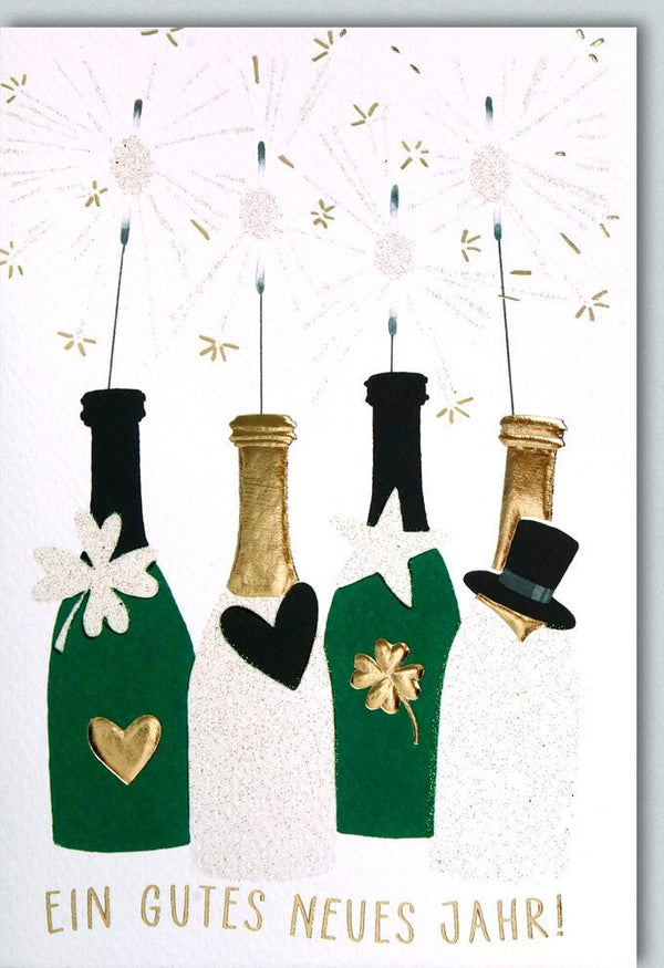 Neujahrskarte – Glanzvolle Feier Cheers | Sektflaschen & Wunderkerzen Design in Gold & Grün für festliche Neujahrsgrüße