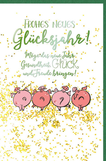 Neujahrskarte: Glücksschwein & Konfetti – Grüne & Goldene Grüße für ein Frohes Neues Jahr voller Gesundheit und Freude