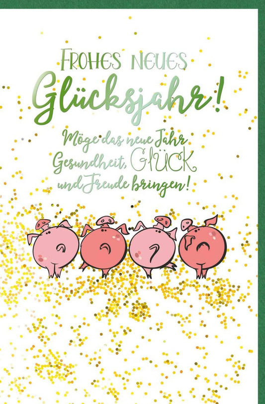 Neujahrskarte: Glücksschwein & Konfetti – Grüne & Goldene Grüße für ein Frohes Neues Jahr voller Gesundheit und Freude