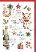 Neujahrskarte Glückwünsche – Glücksschwein mit Hufeisen und festlichem Champagner-Design