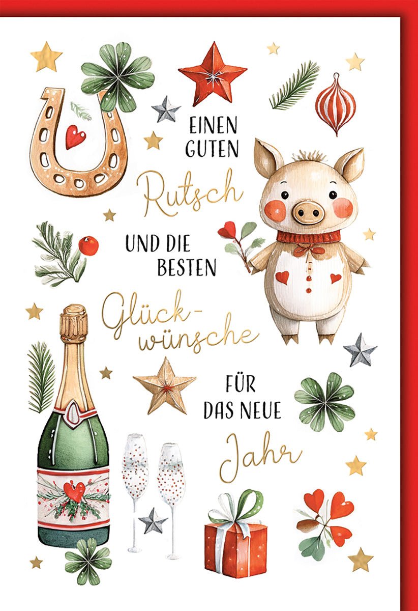 Neujahrskarte Glückwünsche – Glücksschwein mit Hufeisen und festlichem Champagner - Design